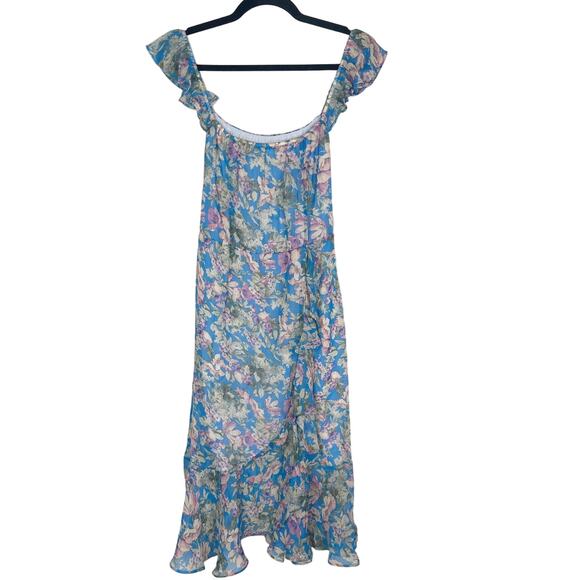 Socialite Dresses & Skirts - Socialite M Blue Purple Floral Ruffled Midi Dress Sleeveless Split Front Scoop